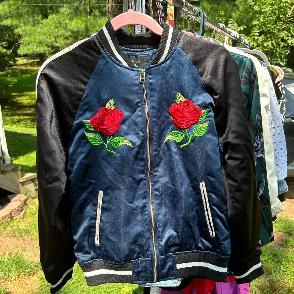 Satin blue “Highlands” varsity bomber jacket